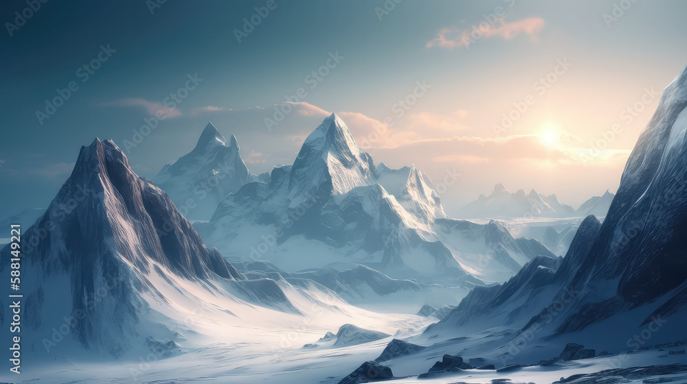 Majestic snow-covered mountains against a pale blue sky