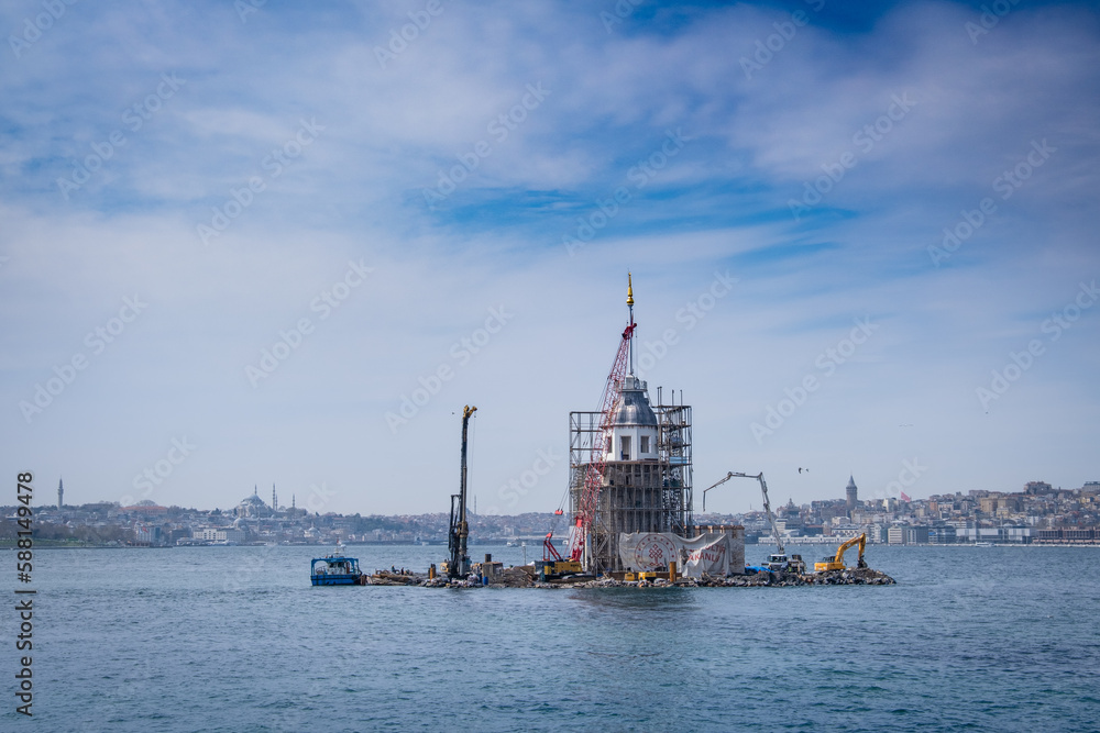 Restoration works of the historical Maiden's Tower are about to be completed. Kizkulesi.
Istanbul, Turkey, april 02, 2023