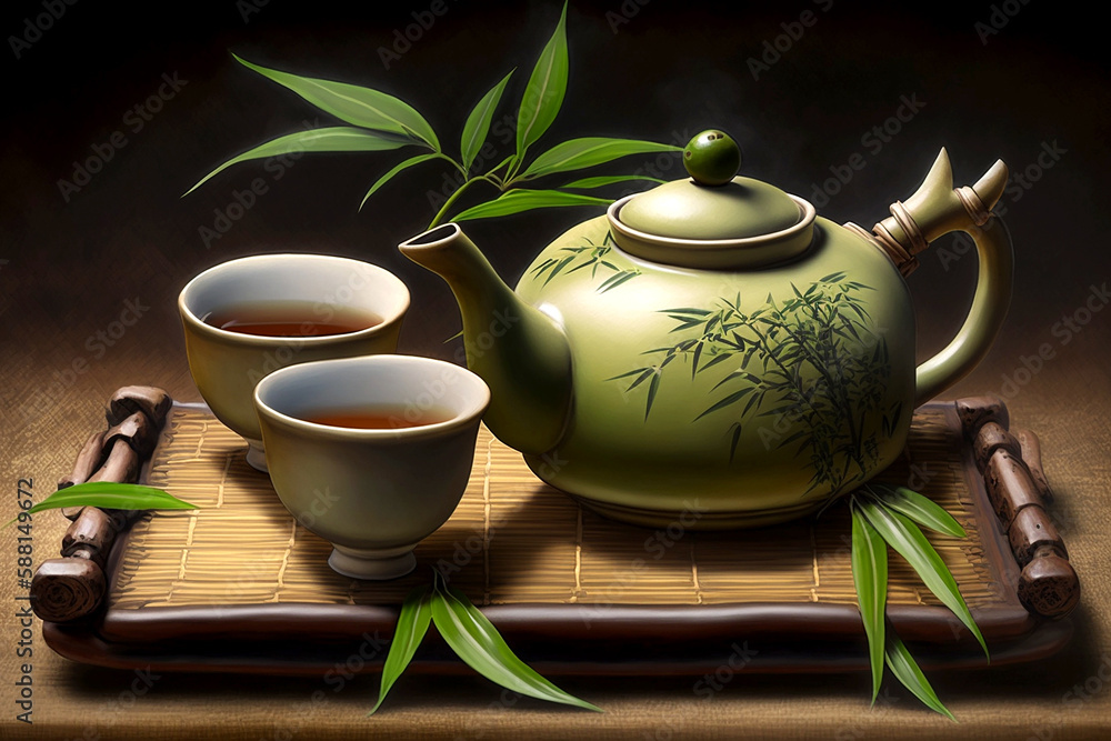 japanese tea hot teapot and teacups on bamboo mat japanese tea hot teapot and teacups on bamboo mat