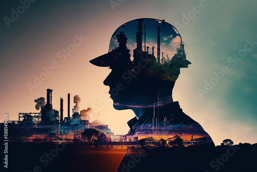 engineer head silhouette and factory double exposure