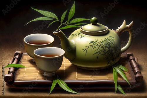 japanese tea hot teapot and teacups on bamboo mat