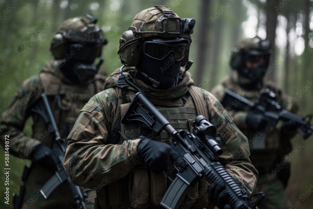 Soldiers in action. These soldiers are heavily armed and equipped, wearing full military gear and carrying weapons such as rifles and grenades Generative AI