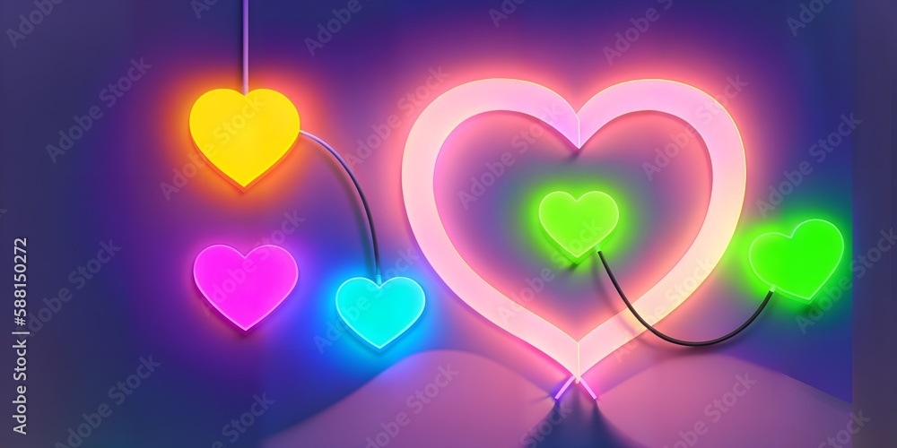 Photo of neon heart decorations hanging on a wall
