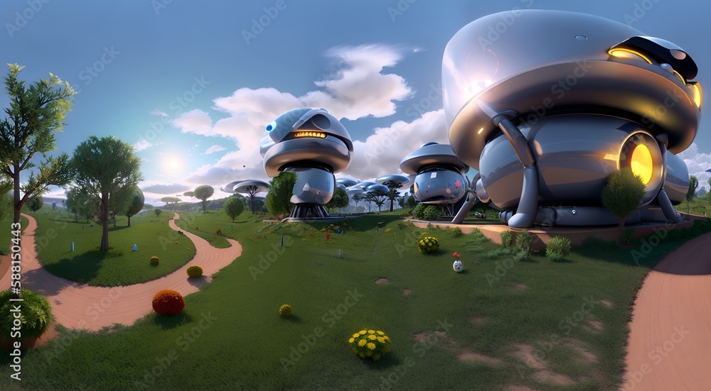 Photo of a futuristic building surrounded by lush greenery and trees Photo of a futuristic building surrounded by lush greenery and trees