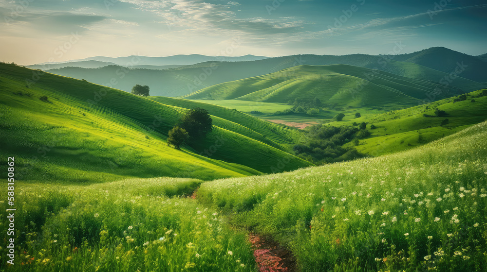 Idyllic nature scene of rolling green hills and vibrant floral fields - obrazy, fototapety, plakaty 
