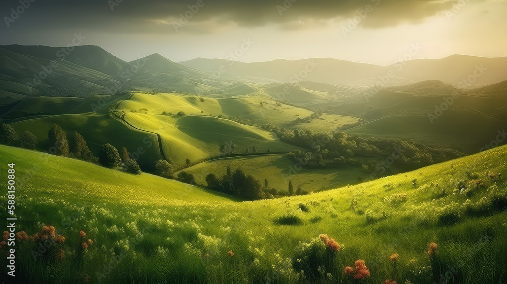 Idyllic countryside landscape with rolling green hills and vibrant floral fields