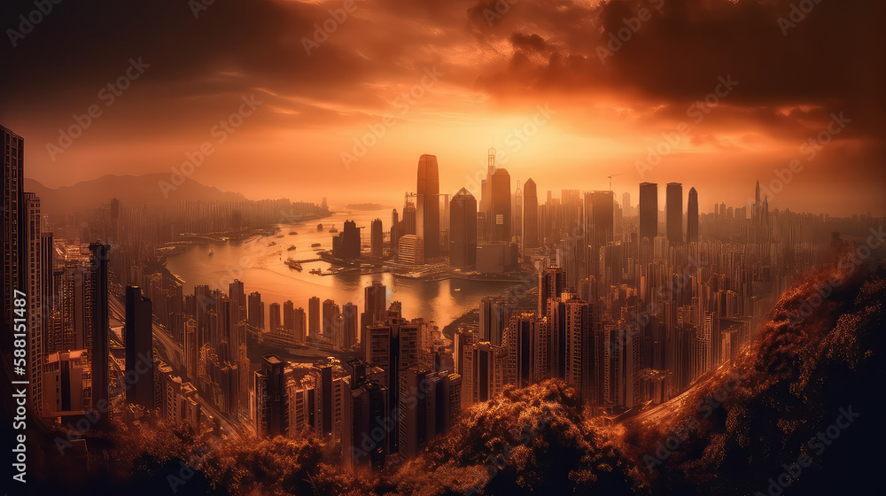 City skyline at sunset with golden hues and towering architecture