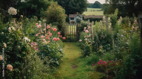 Rustic english country garden with charming flowers and green fields photo