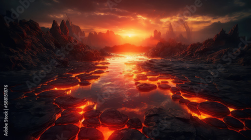 Lava lake in fiery red and orange colors