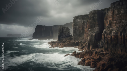 Stormy cliffs with towering rocks against a moody sky