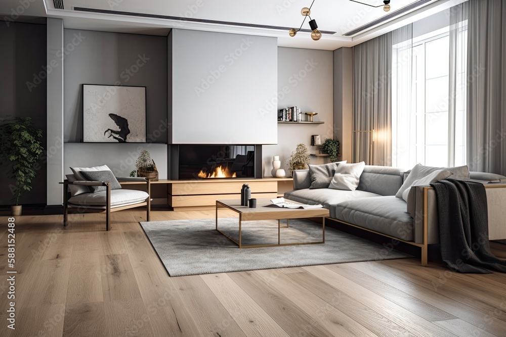cozy living room with a fireplace and comfortable furniture. Generative AI cozy living room with a fireplace and comfortable furniture. Generative AI