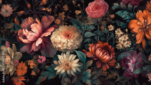 Bold and exotic floral pattern on dark background