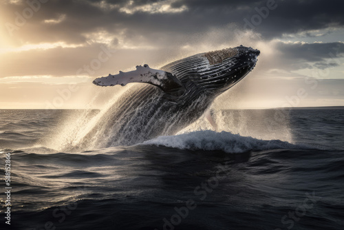 Whale jumping in the ocean, sea life landscape, generative ai © AdamantiumStock