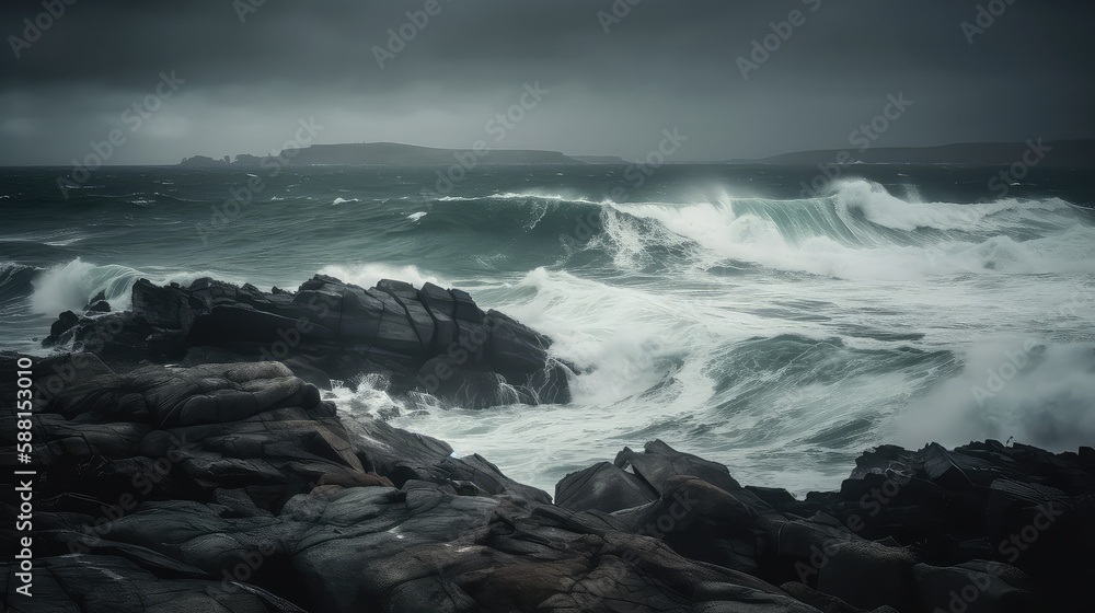 Crashing waves against a moody gray sky