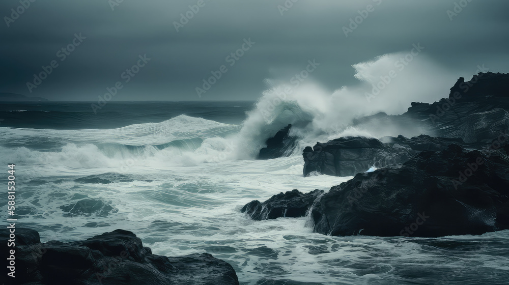 Crashing Waves: Furious Waves Against a Moody Gray Sky
