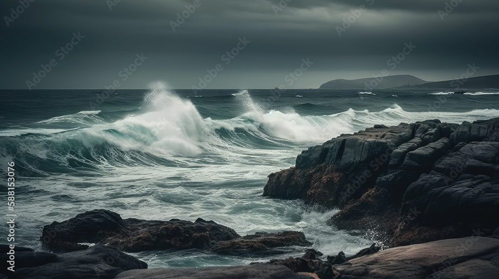 Crashing Waves Against a Moody Gray Sky