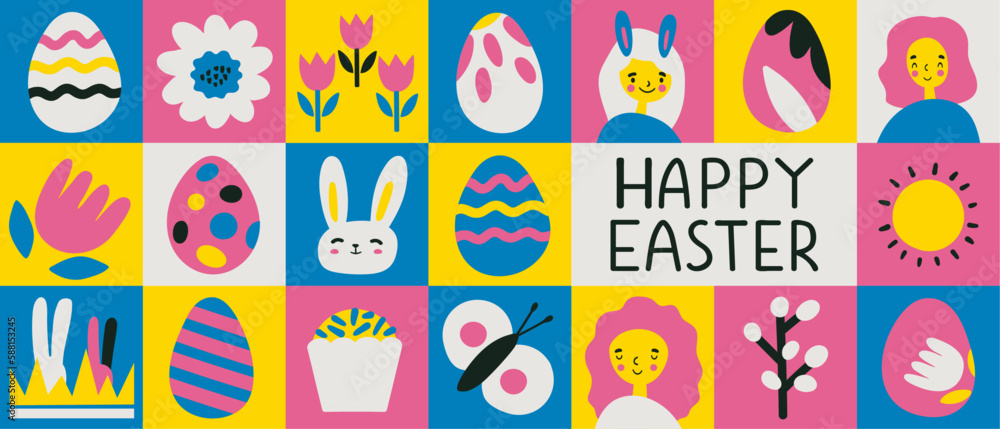 Happy Easter concept  Graphics template. Trendy  colorful Easter pattern design with typography, hand-painted element, eggs and bunny. Modern minimalist style. Good for social media post, poster, cove