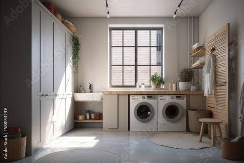 modern laundry room with washing machine and dryer. Generative AI