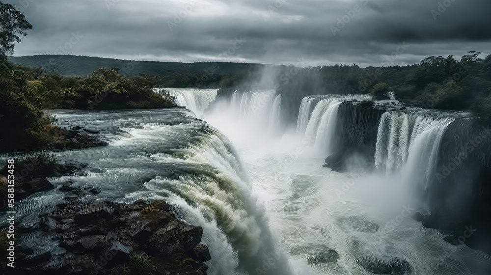 Cascading Waterfalls with Powerful Water Roaring Against a Green Forest Cascading Waterfalls with Powerful Water Roaring Against a Green Forest