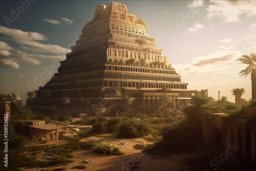 Ancient city of Babylon with the tower of Babel  bible and religion. AI generated  human enhanced