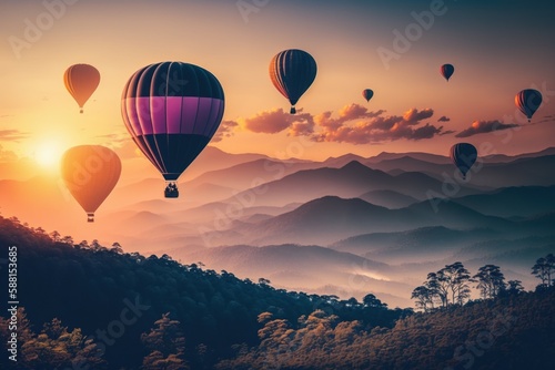 Colorful hot air balloons flying over mountain. AI generated, human enhanced. Background © top images