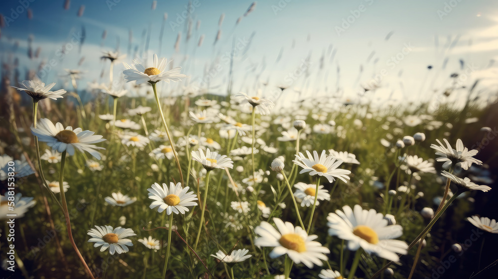 Meadow of daisies under blue sky