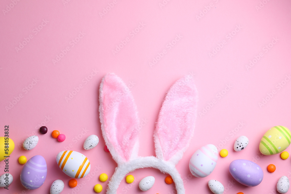 Easter eggs on a colored background, festive background Easter eggs on a colored background, festive background