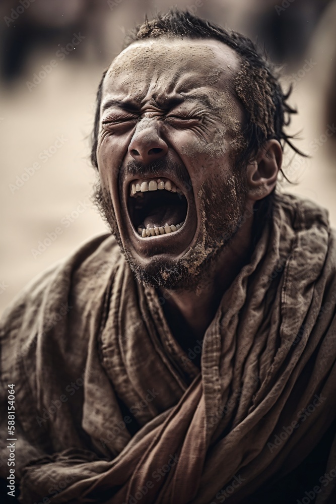 a expressive men screaming in fear , visualized hopelessness and despair, fictional person created with generative ai a expressive men screaming in fear , visualized hopelessness and despair, fictional person created with generative ai