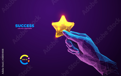 3D hand holding golden star. Abstract asterisk. Gold positive customer rate illustration. Sign of feedback, rating, good review, supporting client service successful. Vector illustration