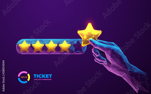 Digital hand giving five star rating. Futuristic Feedback concept. A person hand is holding a golden bright star. 3d polygonal vector illustration in blue purple colors. Low poly wireframe vivid style