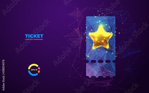 3d cinema vector ticket on modern polygonal background. Digital star or asterisk on voucher design. Technology futuristic coupon on blue purple low poly wireframe vector illustration. 