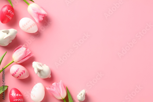 Happy Easter greeting card template with tulips and colorful Easter eggs on pink background.