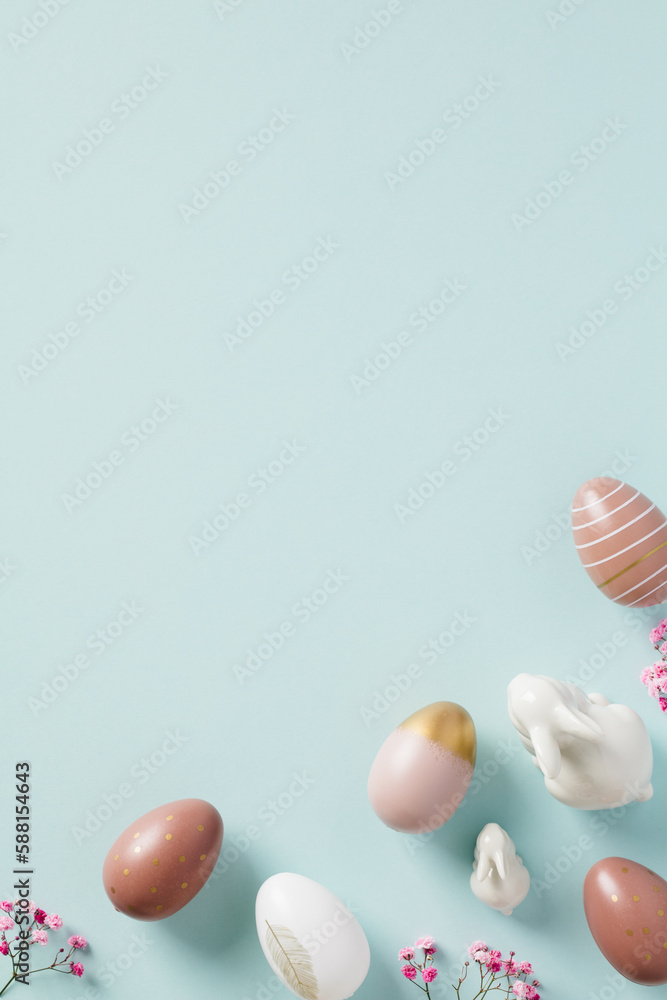 Happy Easter poster design. Stylish Easter eggs, decorative bunnies, flowers on pastel blue background.