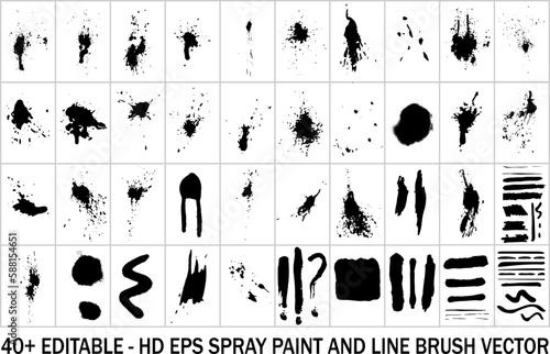 A collection of spray paint brush, line art, splatter patterns, texture, ink drop on vector.