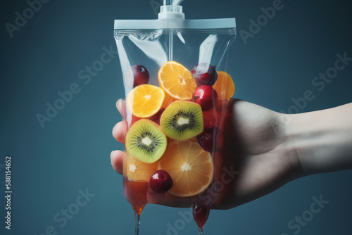 Woman nurse keep sliced fruit in an IV bag. Doctor holding saline bag fruit. Fruits Serum. iv serum bag. Generative AI