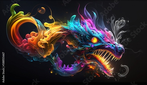 Double Headed Fire Dragon  Abstract Rainbow Neon-Colored generative AI Art  ideal for Wallpaper  black background.