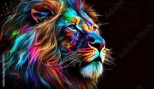 Neon Rainbow Portrait of a colorful Lion  black background  ideal for wallpaper. Generative AI