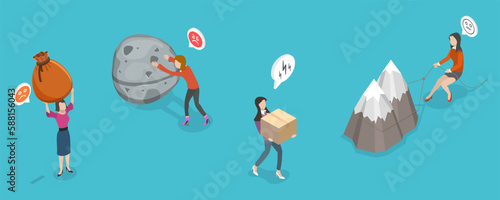 3D Isometric Flat Vector Conceptual Illustration of Strong Women, Pressure From Too Much Responsibility