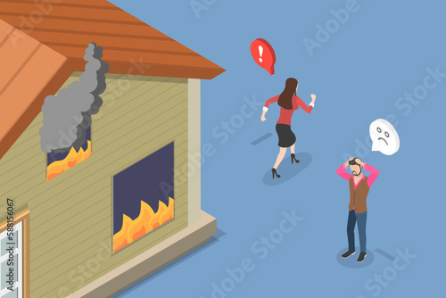 3D Isometric Flat Vector Conceptual Illustration of Fire Safety Activity, Fire Emergency Evacuation