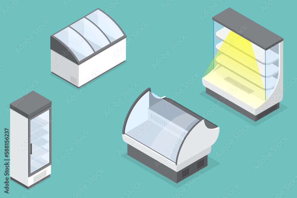 3D Isometric Flat Vector Set of Commercial Display Refrigerators, Retail Shop or Supermarket Equipment 3D Isometric Flat Vector Set of Commercial Display Refrigerators, Retail Shop or Supermarket Equipment