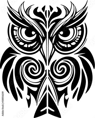    Monochrome owl inked with Polynesian designs.