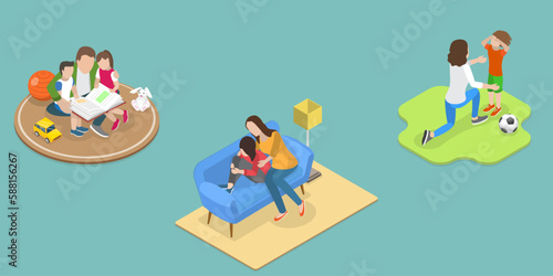 3D Isometric Flat Vector Set of Parent Support Scenes, Happy Loving Families