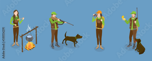 3D Isometric Flat Vector Set of Hunters, Hunting Hobby, Sport or Outdoor Activity