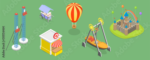 3D Isometric Flat Vector Set of Amusement Park, Architectural Entertainment Elements