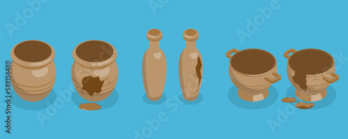 3D Isometric Flat Vector Set of Antique Pottery, Museum Ceramic