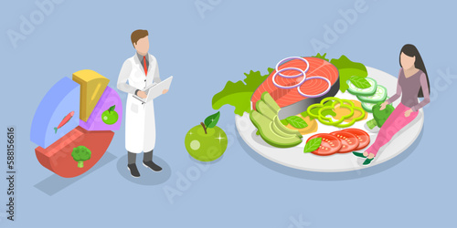 3D Isometric Flat Vector Conceptual Illustration of Nutritionist Makes Meal Plan, Diet Therapy with Healthy Food