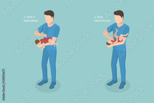 3D Isometric Flat Vector Conceptual Illustration of Choking Baby First Aid, Heimlich Maneuver Procedure