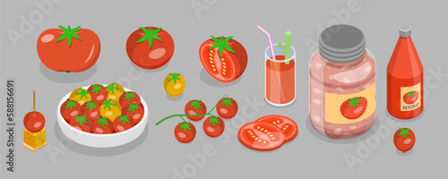 3D Isometric Flat Vector Set of Tomato Elemets and Products, Whole, Half and Slice