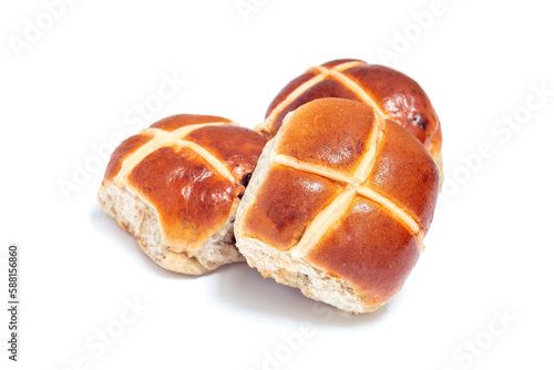 Freshly baked hot cross buns isolated on white background. Traditional easter food, horizontal