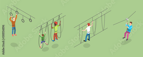 3D Isometric Flat Vector Conceptual Illustration of Rope Park, Recreational Activities for Adults and Children
